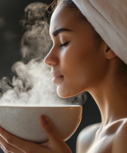 Woman with a towel on her head practicing steam inhalation using a bowl of hot water. For a visual tip on respiratory health in high pollution.