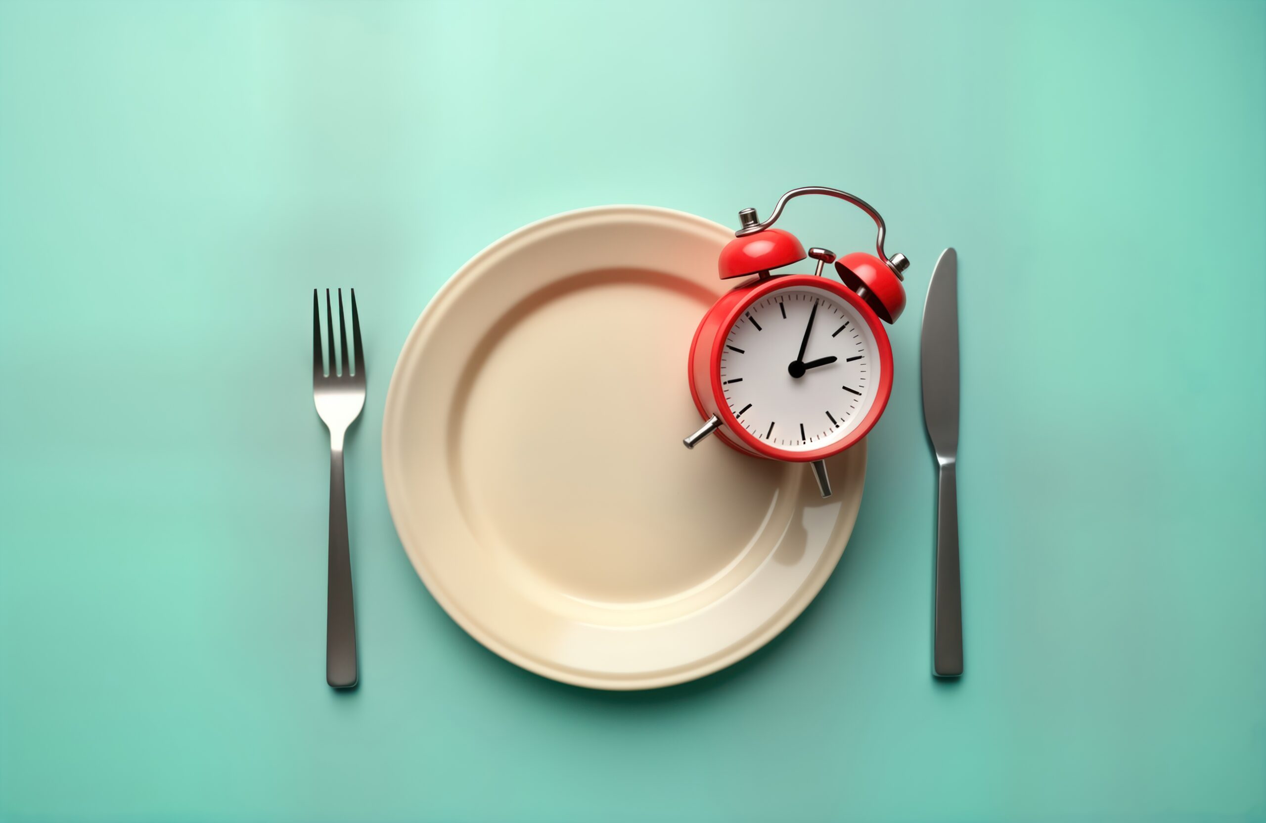 A red alarm clock sits on an empty beige plate, accompanied by a fork and knife, against a turquoise background.