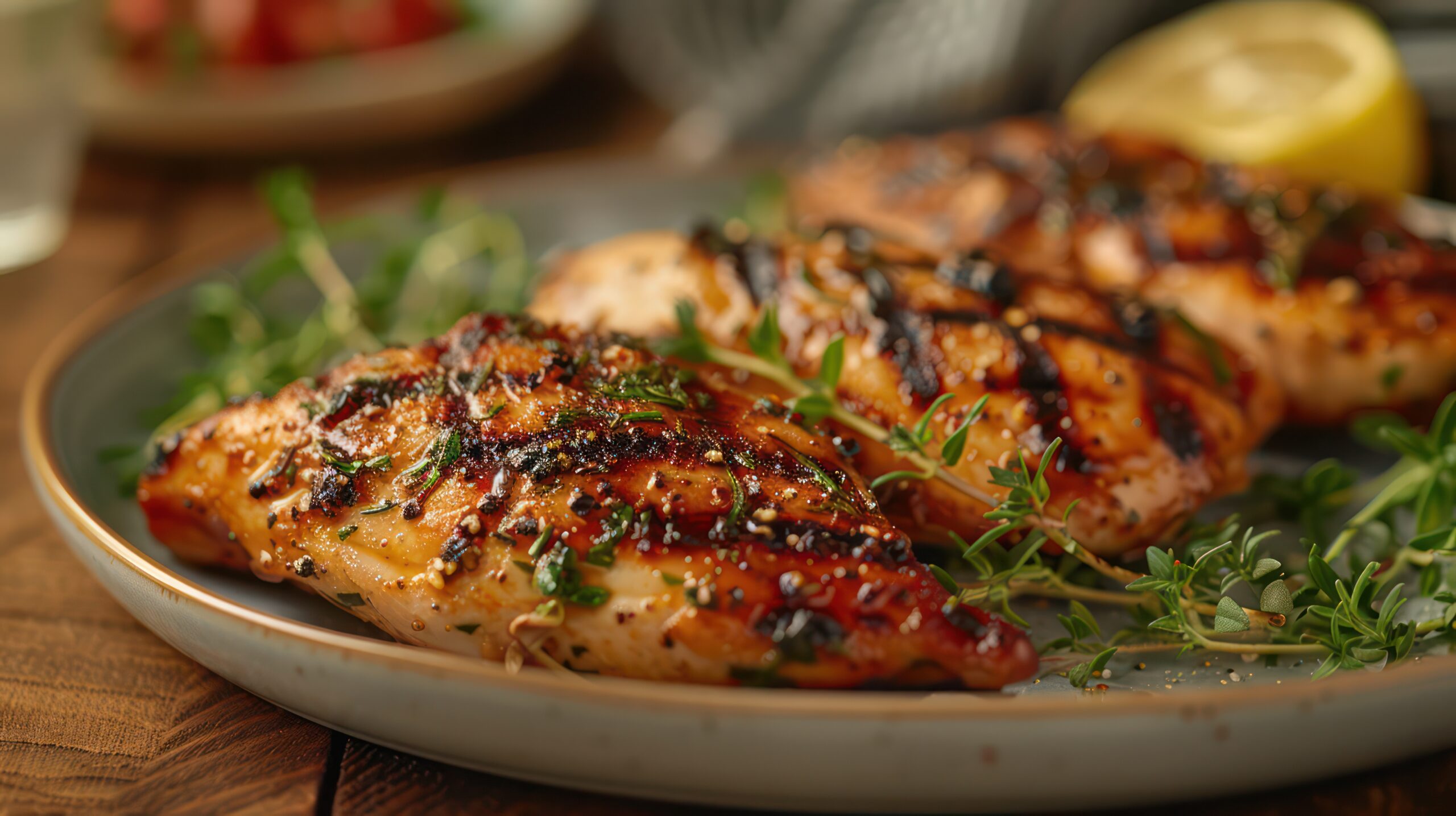 Grilled chicken breast with herbs and spices on a ceramic plate, garnished with fresh thyme and accompanied by a lemon wedge.